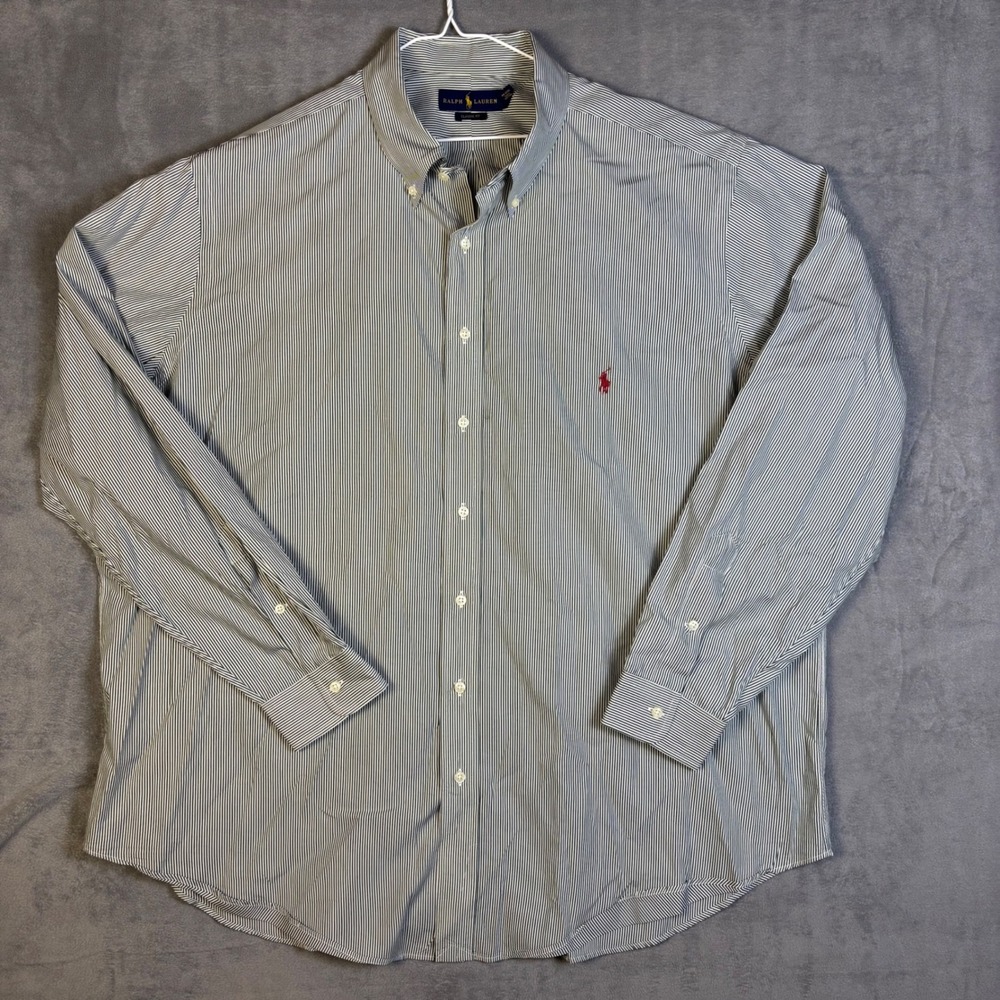 Ralph Lauren Classic Fit Mens 2XB Green White Striped Cotton Button Down Shirt